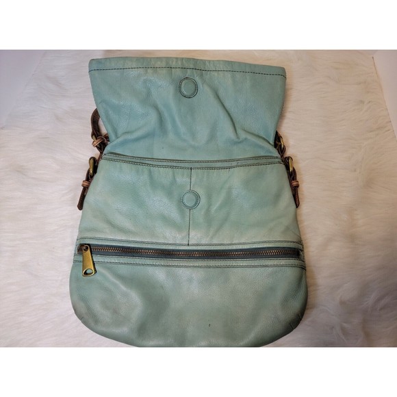 FOSSIL Explorer Flap Foldover Hobo Mint Green Teal Leather Slouch Shoulder Bag - Picture 9 of 12